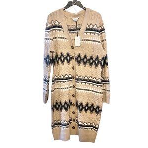 Lucky Brand Beige and Black Patterned Cardigan Sweater Dress